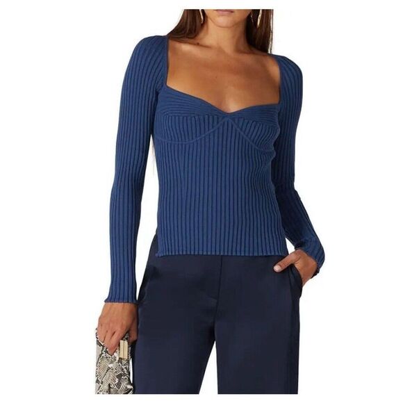 SIMKHAI Top Womens Large Blue Sammy Ribbed Bustier Sweater Sweetheart Neckline - Picture 1 of 8
